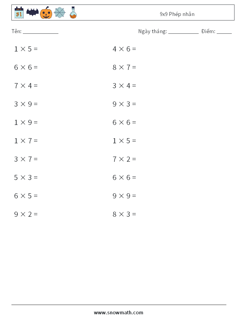 (20) 9x9 Phép nhân Bảng tính toán học 9