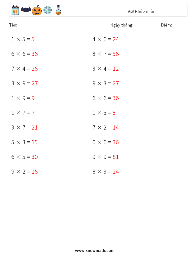 (20) 9x9 Phép nhân Bảng tính toán học 9 Câu hỏi, câu trả lời
