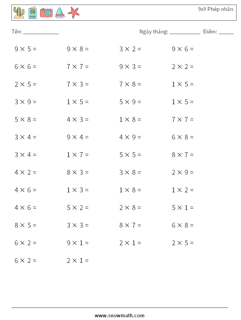 (50) 9x9 Phép nhân Bảng tính toán học 6