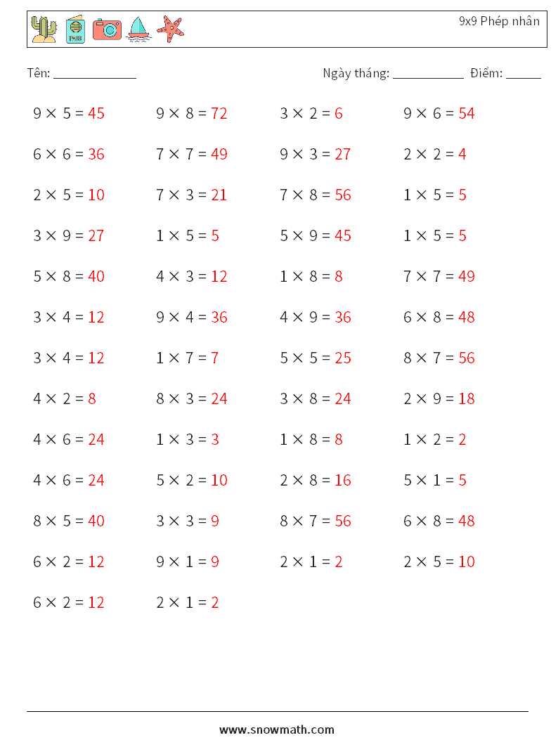 (50) 9x9 Phép nhân Bảng tính toán học 6 Câu hỏi, câu trả lời