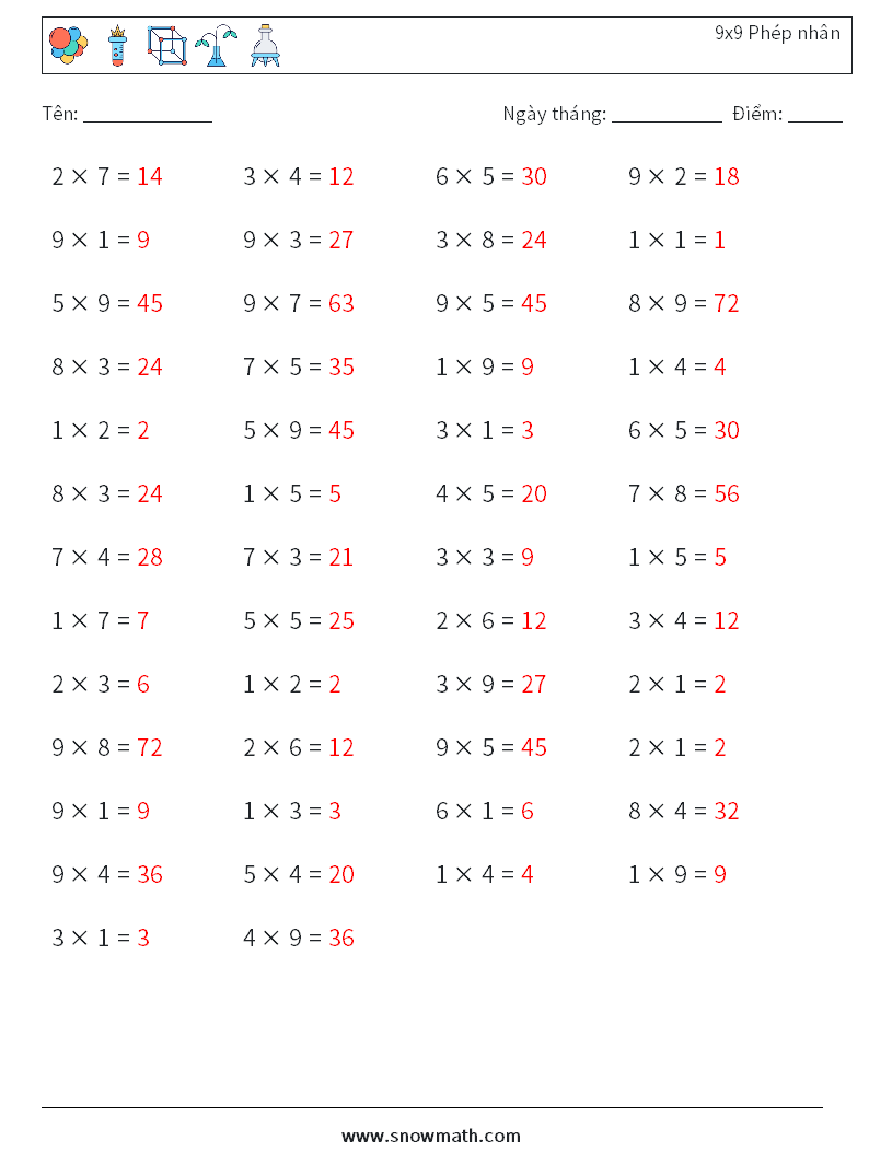 (50) 9x9 Phép nhân Bảng tính toán học 7 Câu hỏi, câu trả lời