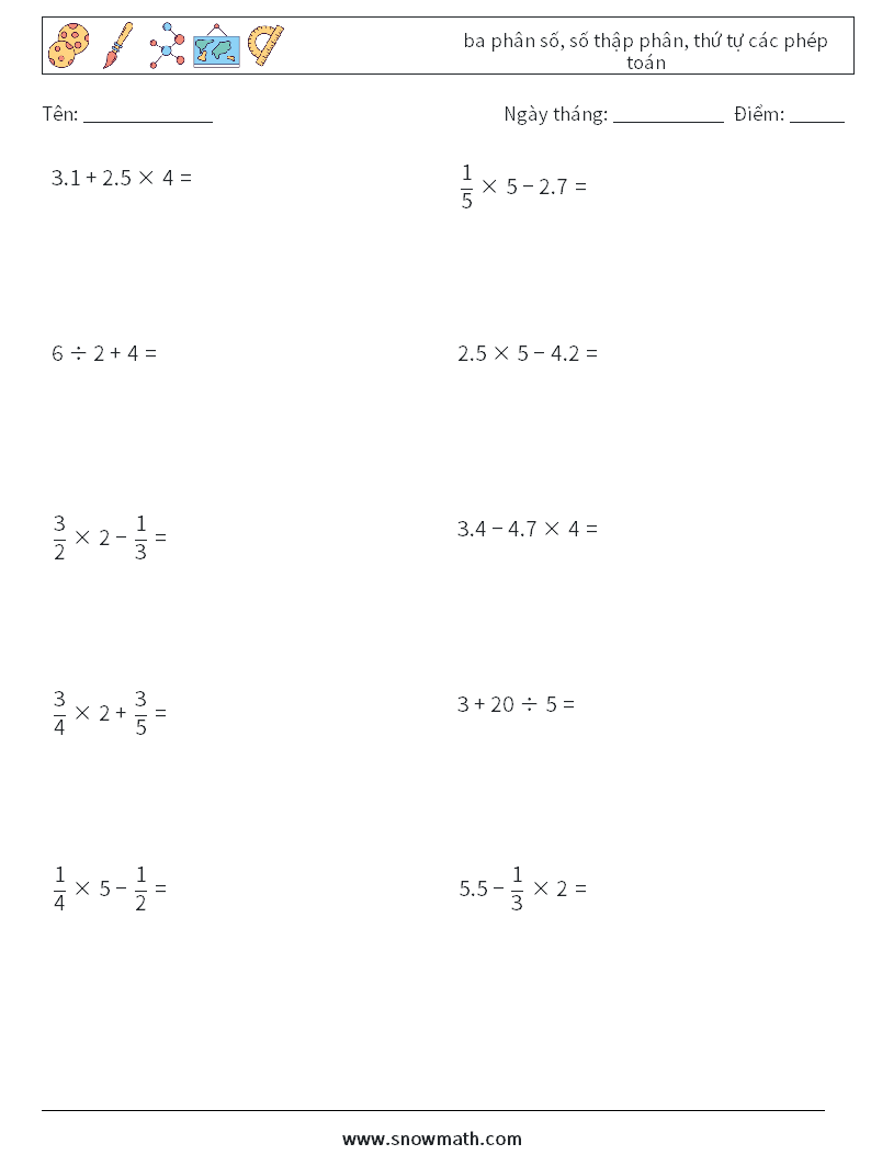 (10) ba phân số, số thập phân, thứ tự các phép toán Bảng tính toán học 10