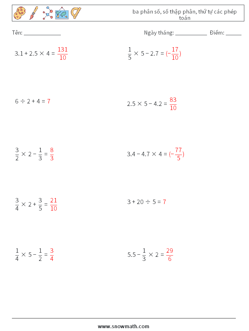(10) ba phân số, số thập phân, thứ tự các phép toán Bảng tính toán học 10 Câu hỏi, câu trả lời
