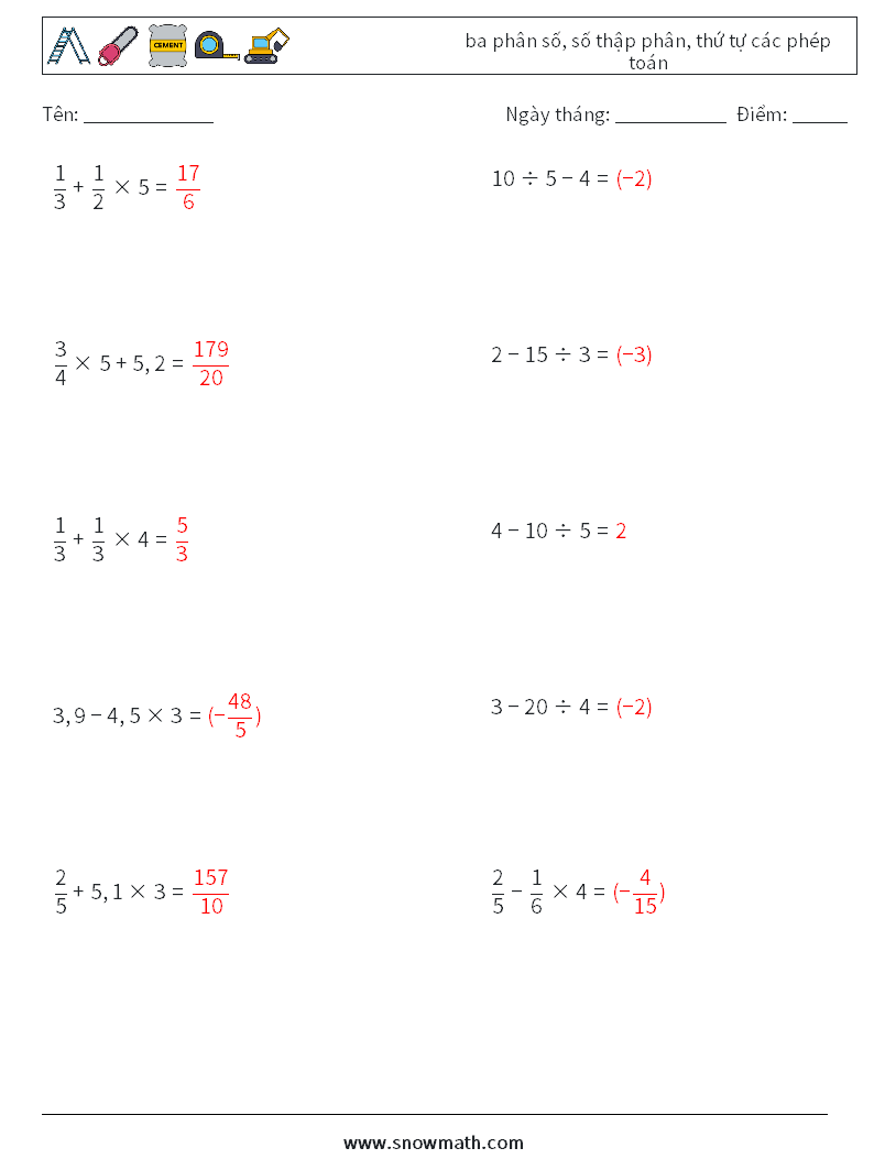 (10) ba phân số, số thập phân, thứ tự các phép toán Bảng tính toán học 11 Câu hỏi, câu trả lời