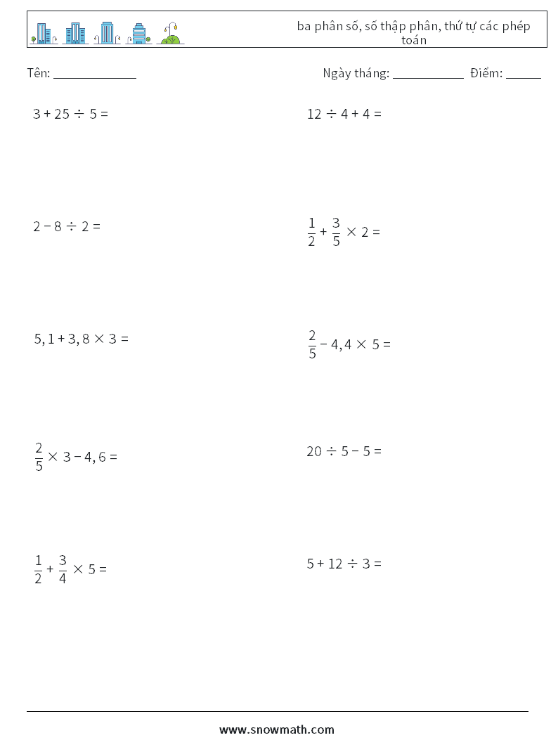 (10) ba phân số, số thập phân, thứ tự các phép toán Bảng tính toán học 12