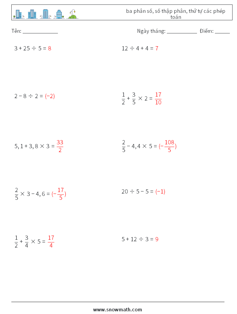 (10) ba phân số, số thập phân, thứ tự các phép toán Bảng tính toán học 12 Câu hỏi, câu trả lời