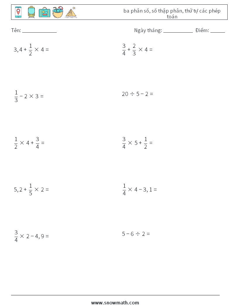 (10) ba phân số, số thập phân, thứ tự các phép toán Bảng tính toán học 13