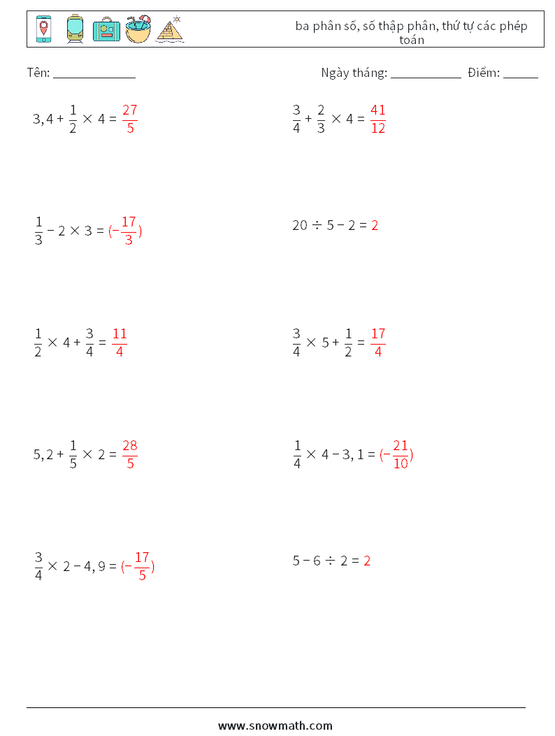 (10) ba phân số, số thập phân, thứ tự các phép toán Bảng tính toán học 13 Câu hỏi, câu trả lời