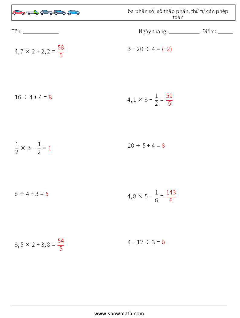 (10) ba phân số, số thập phân, thứ tự các phép toán Bảng tính toán học 14 Câu hỏi, câu trả lời