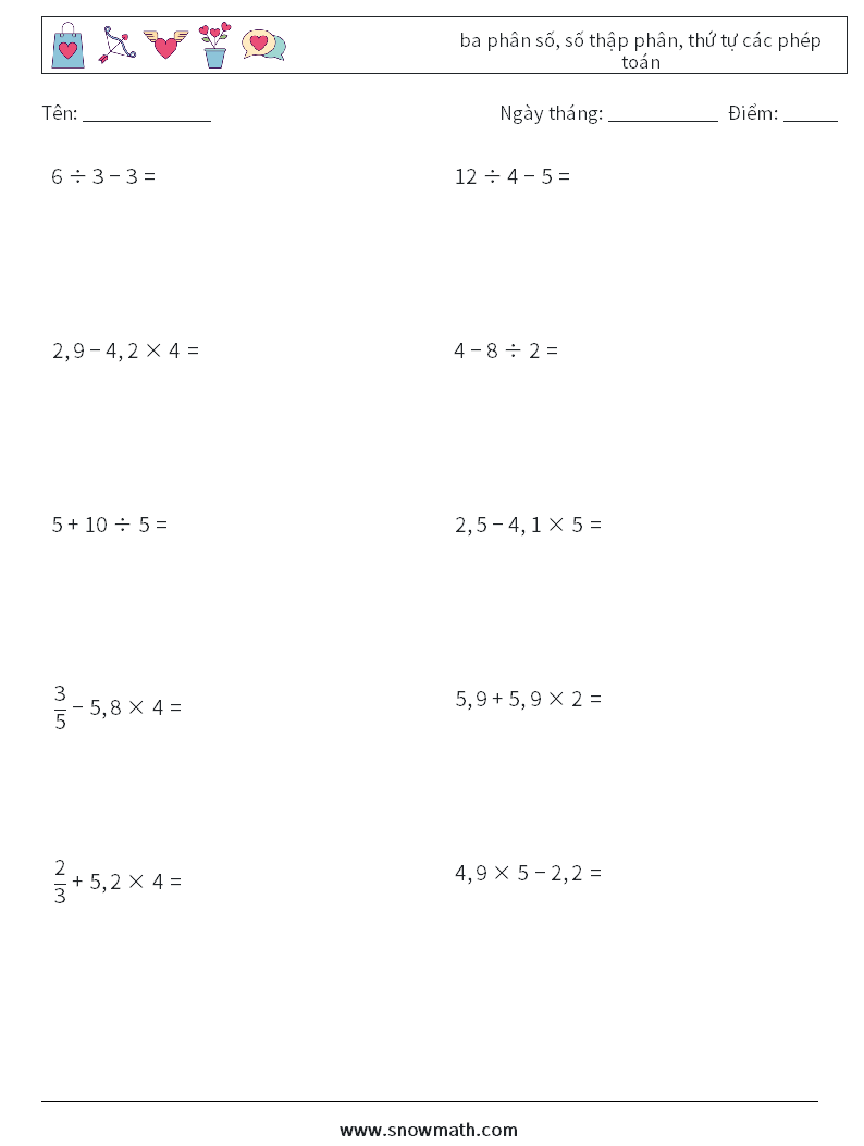 (10) ba phân số, số thập phân, thứ tự các phép toán Bảng tính toán học 15