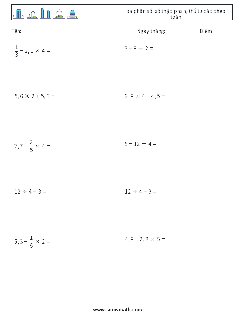 (10) ba phân số, số thập phân, thứ tự các phép toán Bảng tính toán học 16
