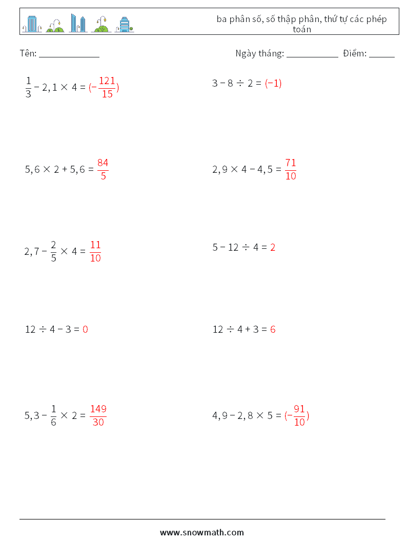 (10) ba phân số, số thập phân, thứ tự các phép toán Bảng tính toán học 16 Câu hỏi, câu trả lời