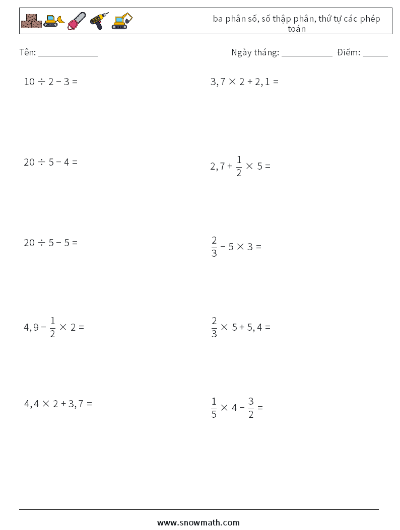 (10) ba phân số, số thập phân, thứ tự các phép toán Bảng tính toán học 17