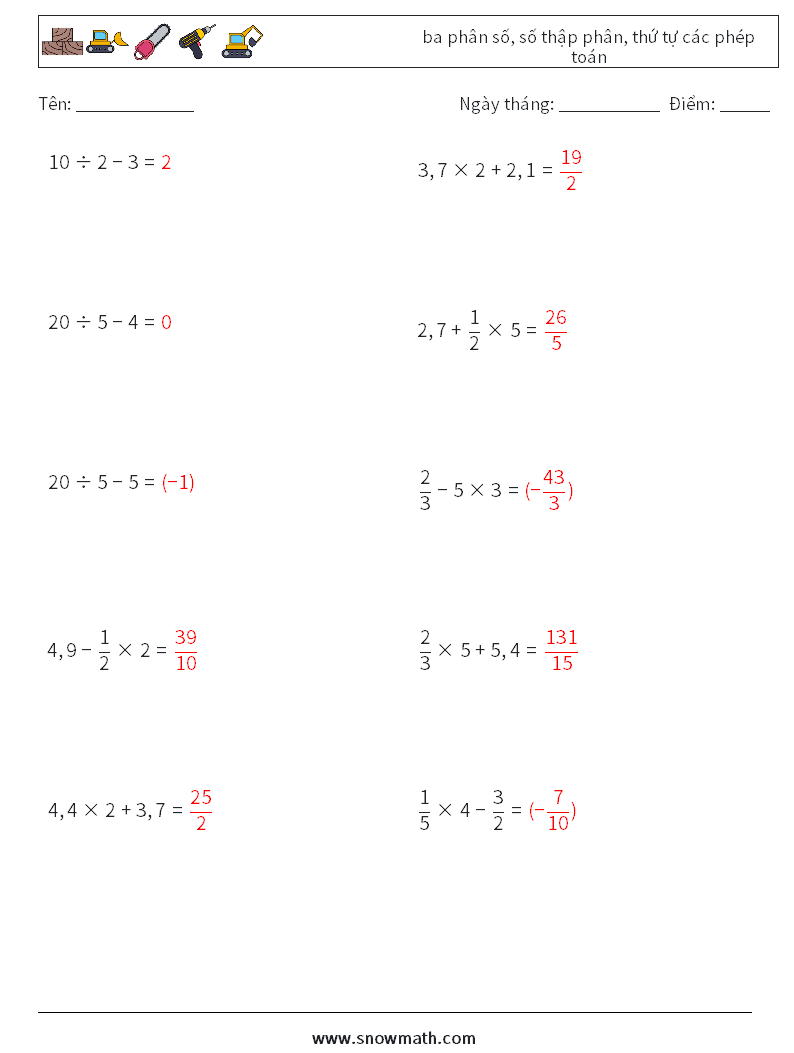 (10) ba phân số, số thập phân, thứ tự các phép toán Bảng tính toán học 17 Câu hỏi, câu trả lời
