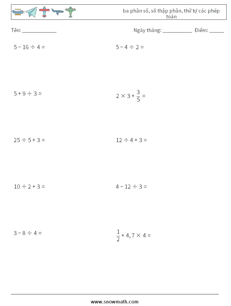 (10) ba phân số, số thập phân, thứ tự các phép toán Bảng tính toán học 18