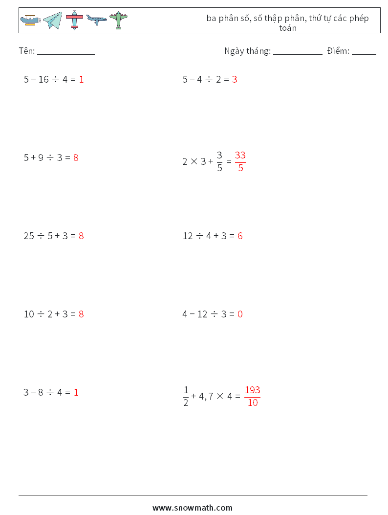 (10) ba phân số, số thập phân, thứ tự các phép toán Bảng tính toán học 18 Câu hỏi, câu trả lời