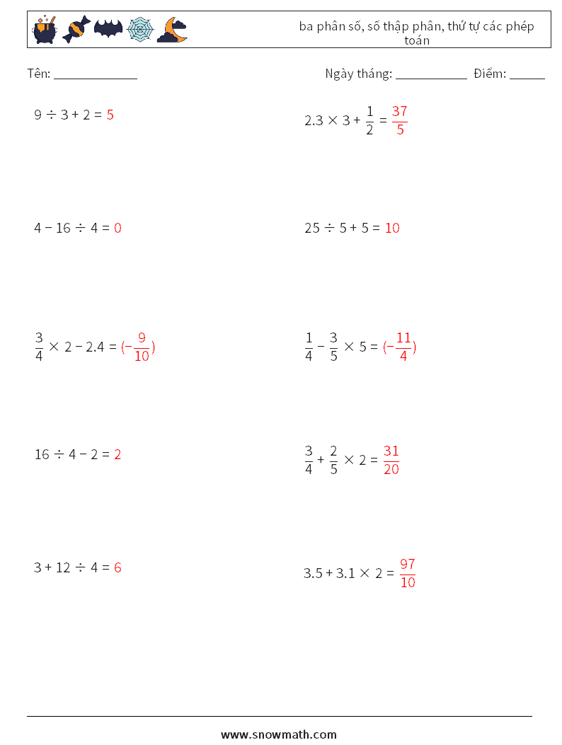 (10) ba phân số, số thập phân, thứ tự các phép toán Bảng tính toán học 1 Câu hỏi, câu trả lời