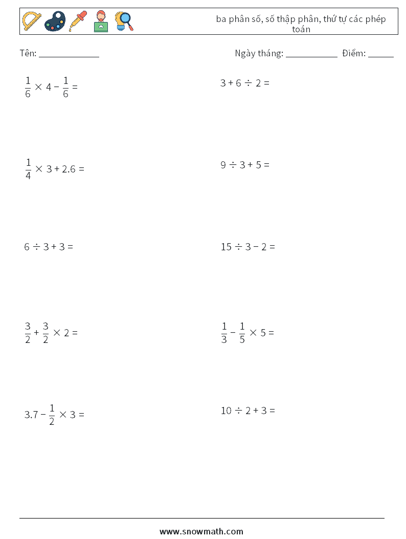 (10) ba phân số, số thập phân, thứ tự các phép toán Bảng tính toán học 2