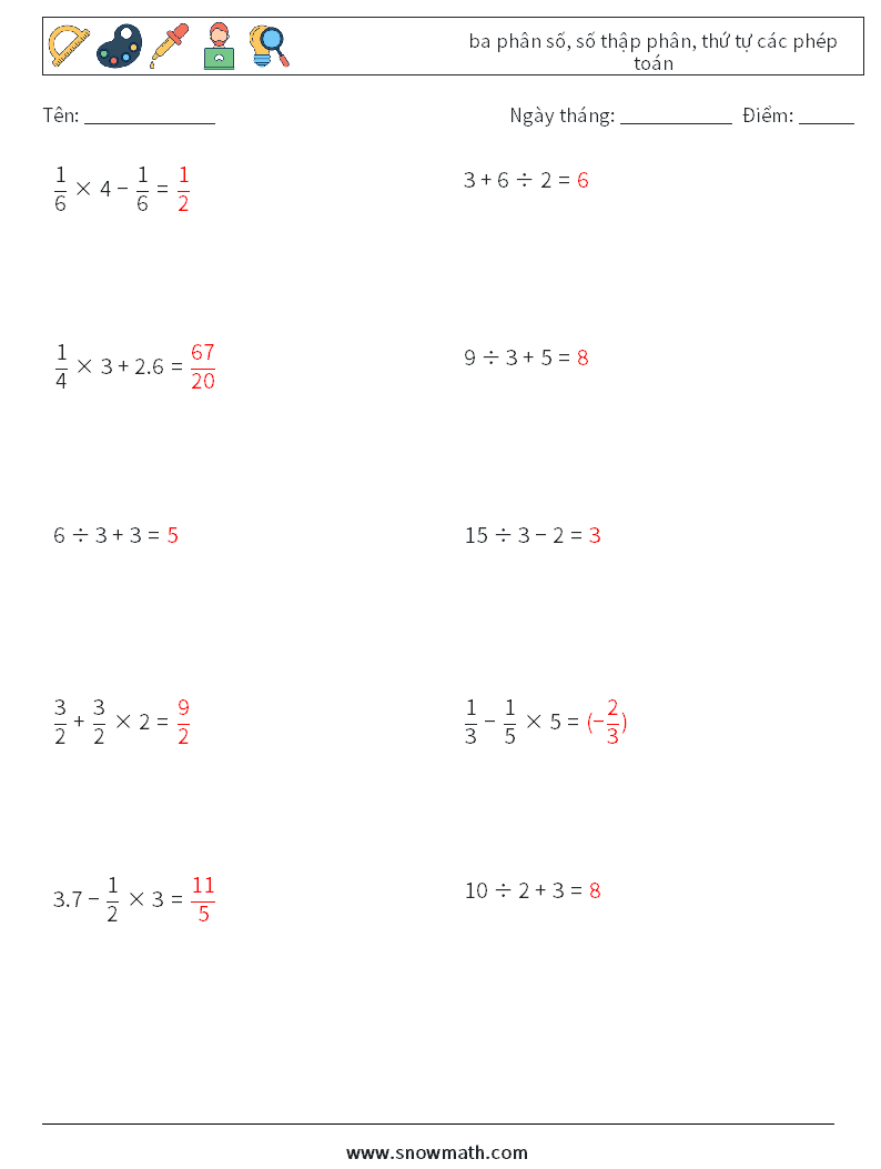 (10) ba phân số, số thập phân, thứ tự các phép toán Bảng tính toán học 2 Câu hỏi, câu trả lời
