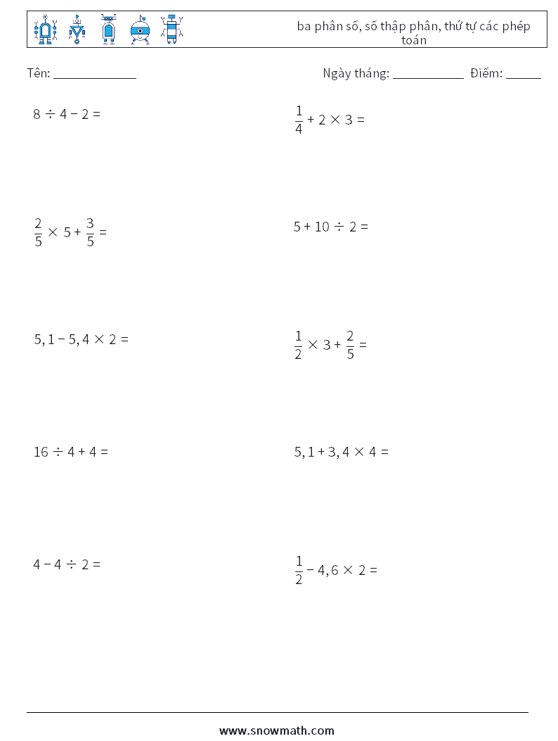 (10) ba phân số, số thập phân, thứ tự các phép toán Bảng tính toán học 3