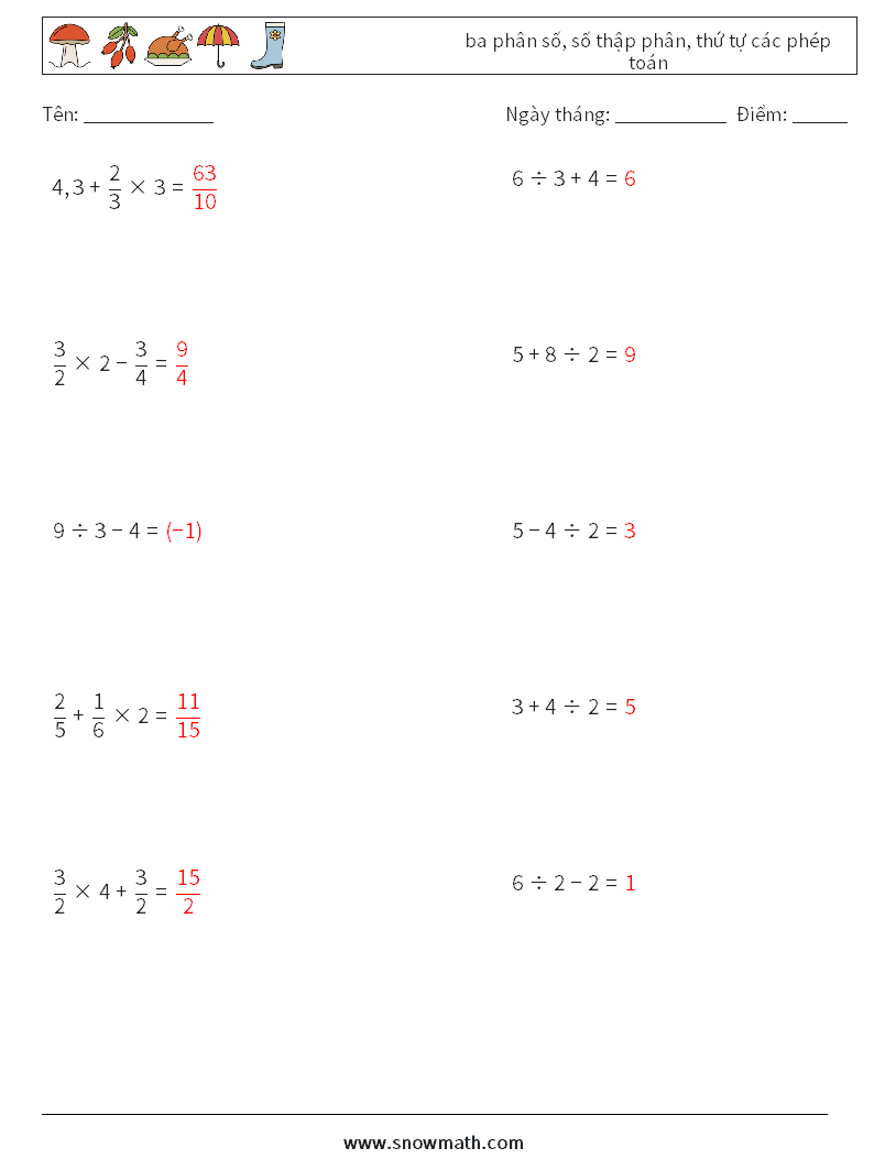 (10) ba phân số, số thập phân, thứ tự các phép toán Bảng tính toán học 4 Câu hỏi, câu trả lời