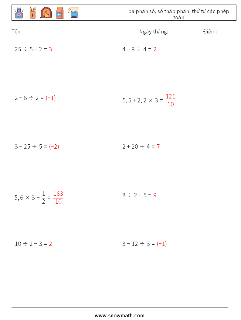 (10) ba phân số, số thập phân, thứ tự các phép toán Bảng tính toán học 5 Câu hỏi, câu trả lời