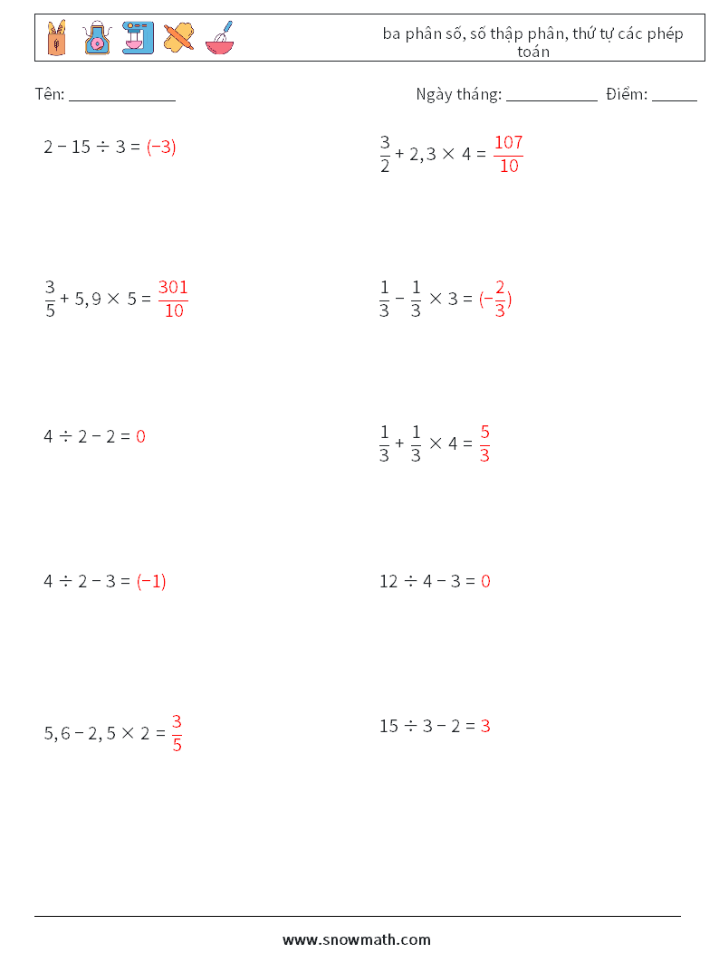 (10) ba phân số, số thập phân, thứ tự các phép toán Bảng tính toán học 7 Câu hỏi, câu trả lời