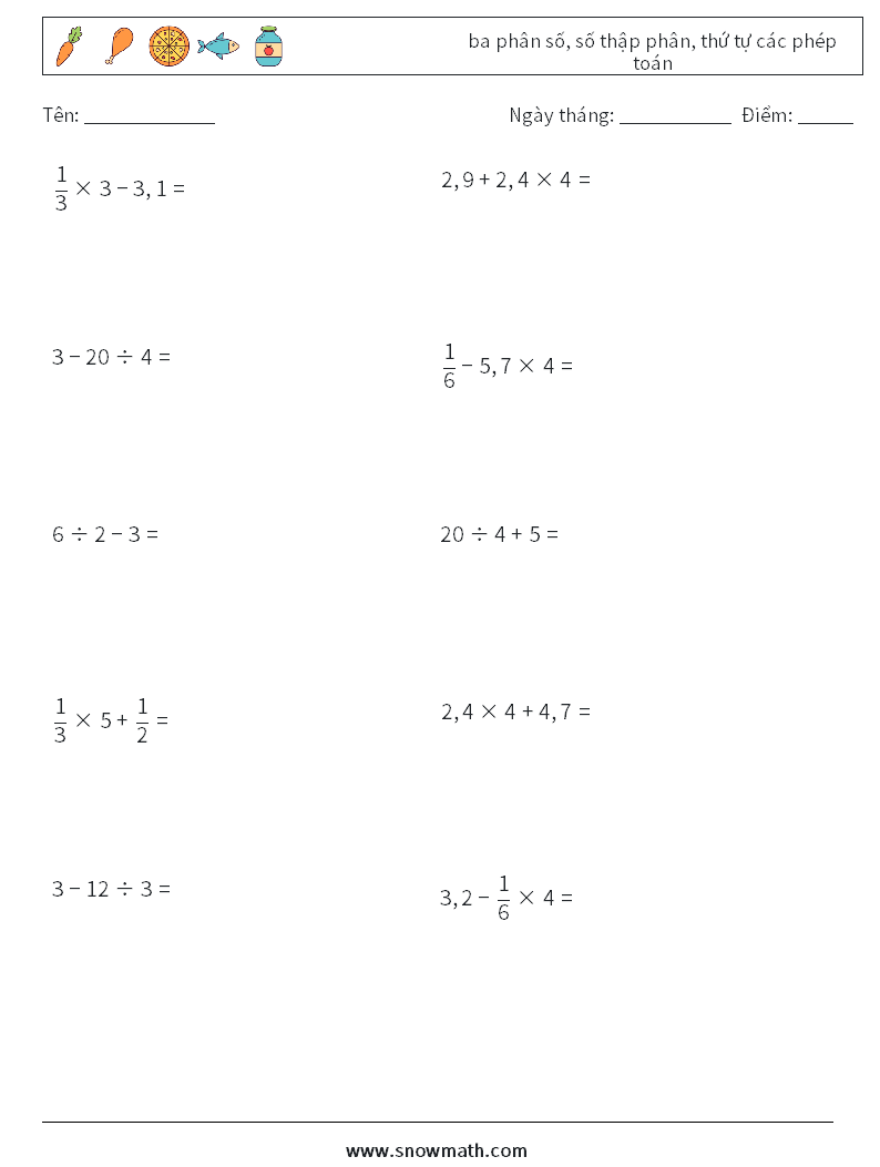 (10) ba phân số, số thập phân, thứ tự các phép toán Bảng tính toán học 8