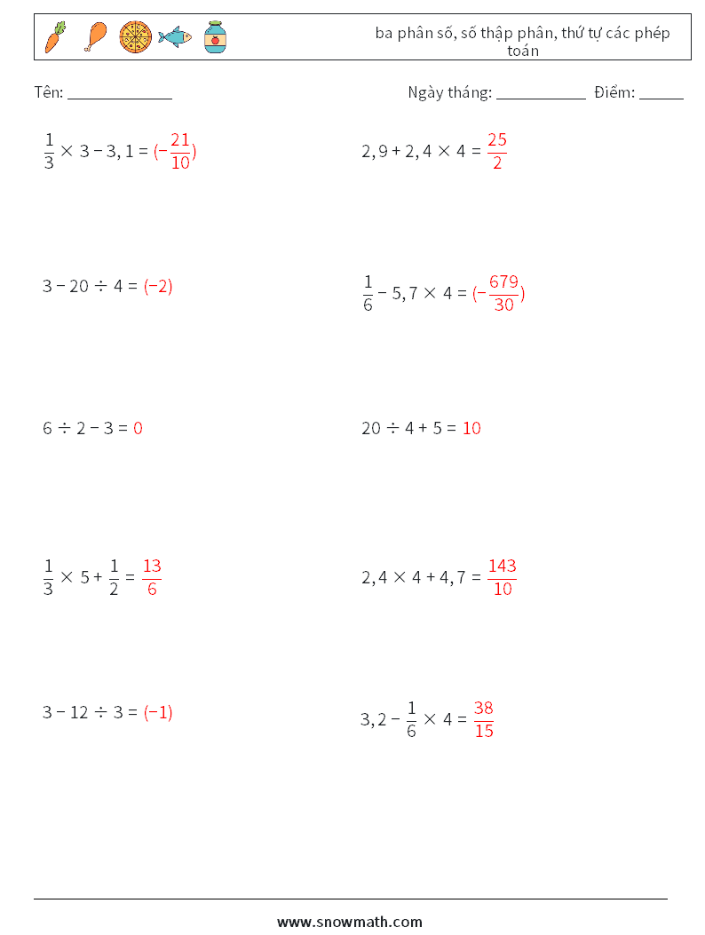 (10) ba phân số, số thập phân, thứ tự các phép toán Bảng tính toán học 8 Câu hỏi, câu trả lời