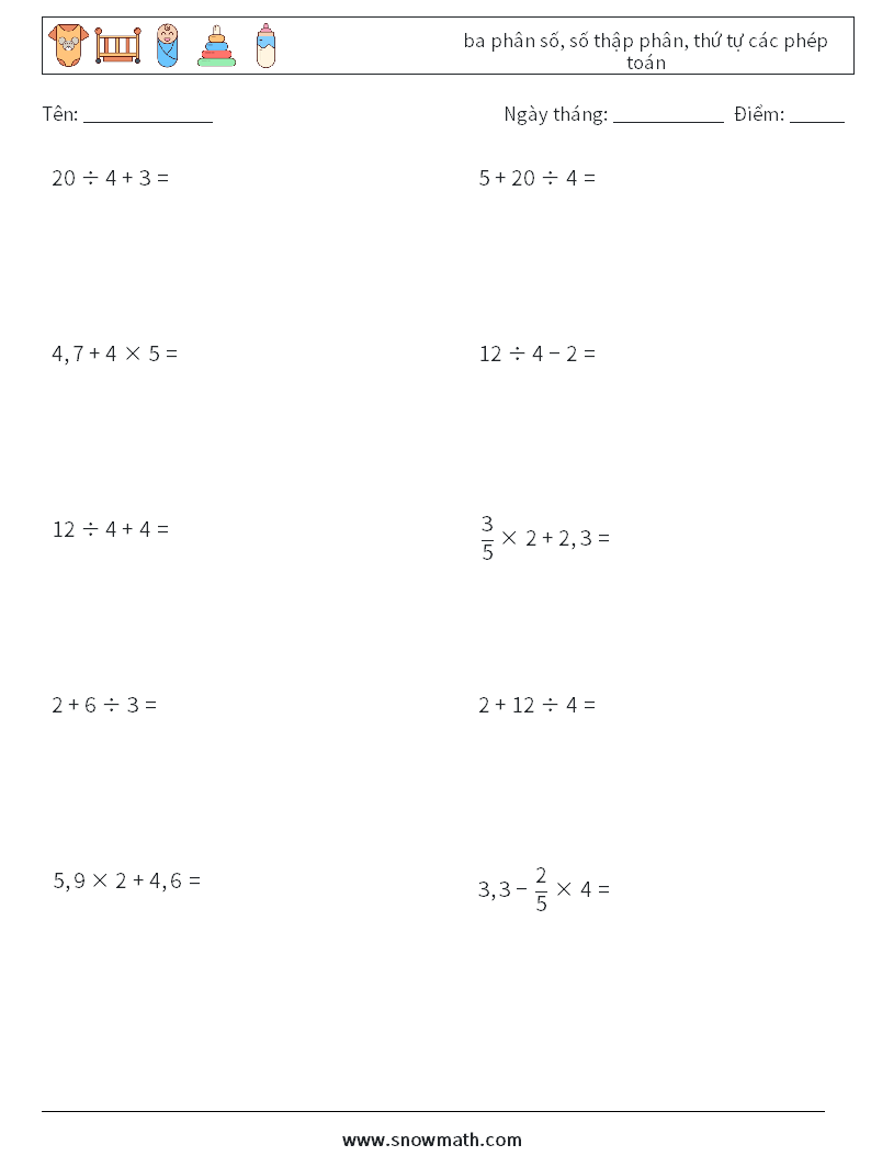 (10) ba phân số, số thập phân, thứ tự các phép toán Bảng tính toán học 9