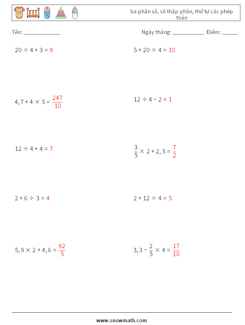 (10) ba phân số, số thập phân, thứ tự các phép toán Bảng tính toán học 9 Câu hỏi, câu trả lời