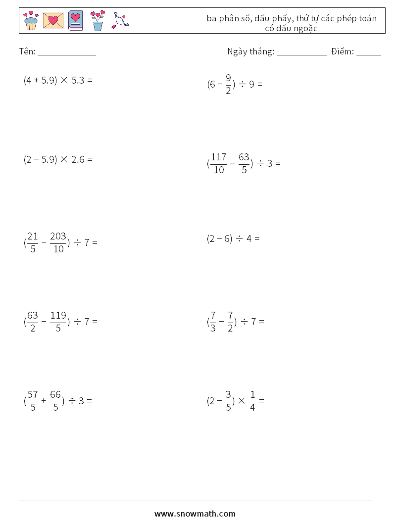 (10) ba phân số, dấu phẩy, thứ tự các phép toán có dấu ngoặc Bảng tính toán học 10