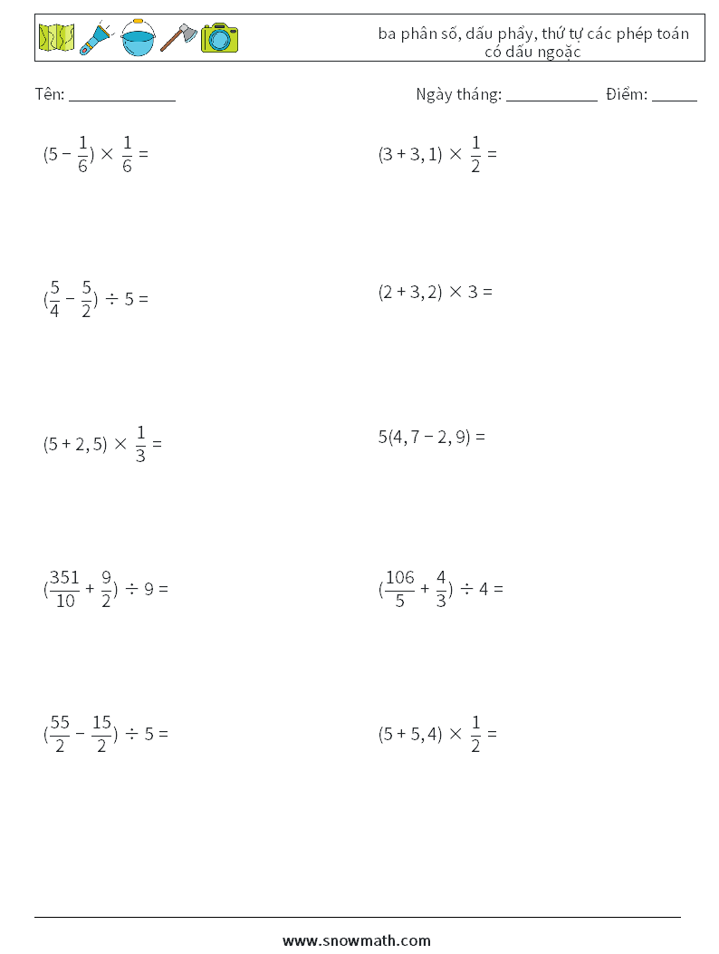 (10) ba phân số, dấu phẩy, thứ tự các phép toán có dấu ngoặc Bảng tính toán học 12
