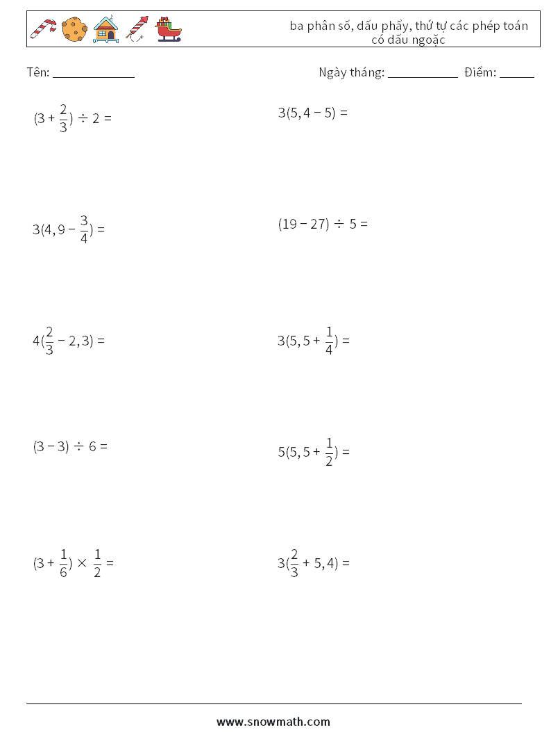 (10) ba phân số, dấu phẩy, thứ tự các phép toán có dấu ngoặc Bảng tính toán học 13