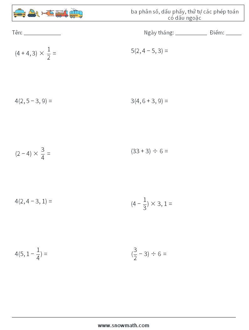 (10) ba phân số, dấu phẩy, thứ tự các phép toán có dấu ngoặc Bảng tính toán học 14