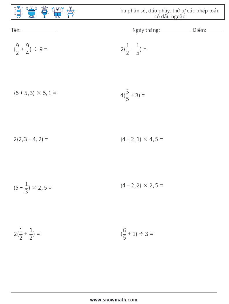 (10) ba phân số, dấu phẩy, thứ tự các phép toán có dấu ngoặc Bảng tính toán học 15