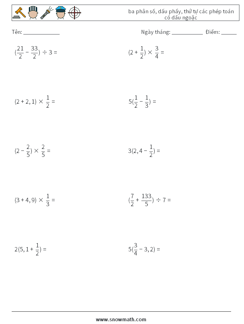 (10) ba phân số, dấu phẩy, thứ tự các phép toán có dấu ngoặc Bảng tính toán học 17