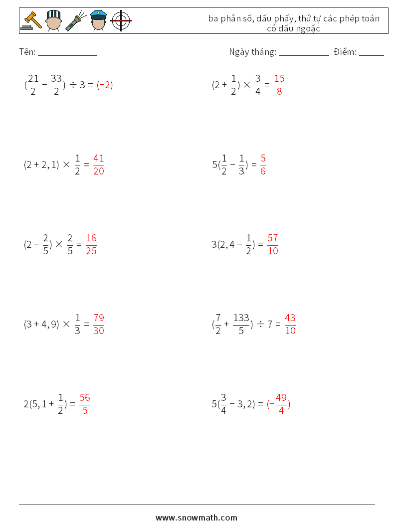 (10) ba phân số, dấu phẩy, thứ tự các phép toán có dấu ngoặc Bảng tính toán học 17 Câu hỏi, câu trả lời