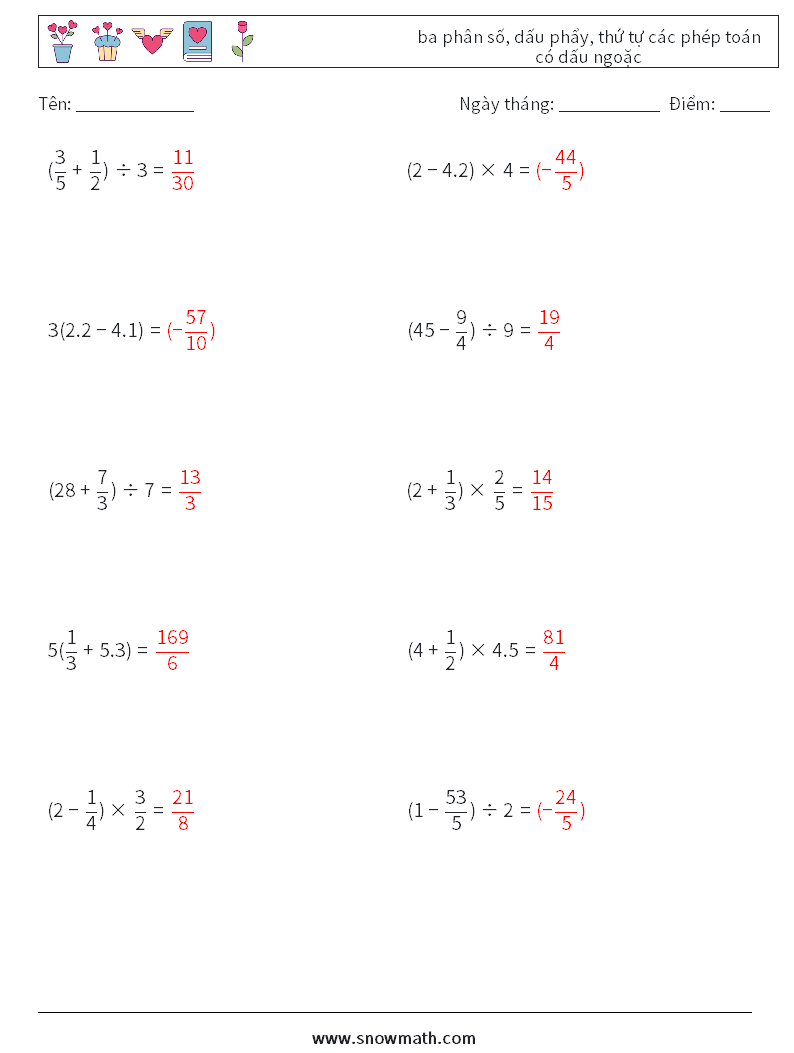 (10) ba phân số, dấu phẩy, thứ tự các phép toán có dấu ngoặc Bảng tính toán học 1 Câu hỏi, câu trả lời