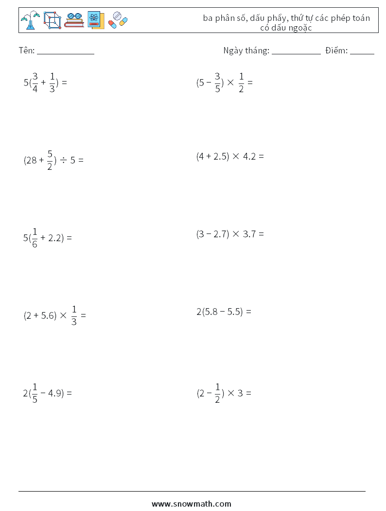 (10) ba phân số, dấu phẩy, thứ tự các phép toán có dấu ngoặc Bảng tính toán học 2