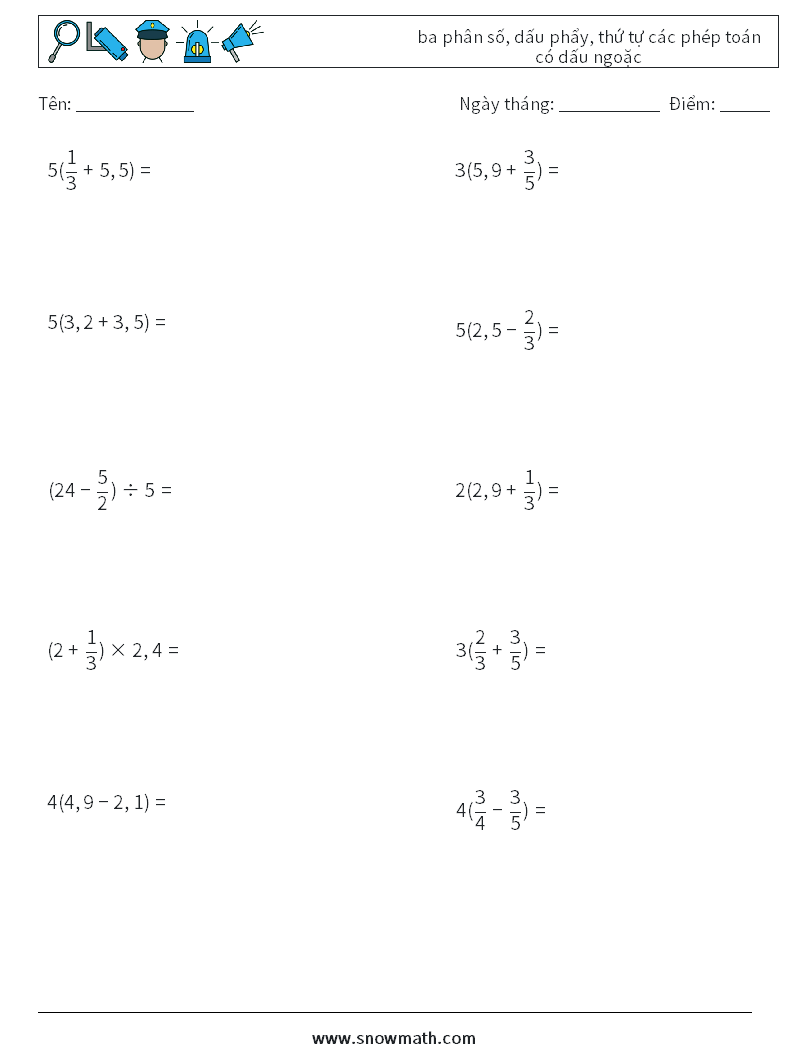 (10) ba phân số, dấu phẩy, thứ tự các phép toán có dấu ngoặc Bảng tính toán học 4