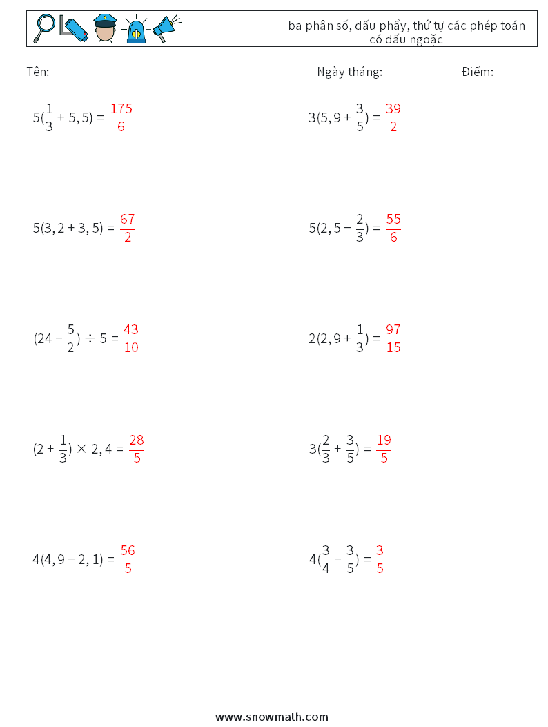(10) ba phân số, dấu phẩy, thứ tự các phép toán có dấu ngoặc Bảng tính toán học 4 Câu hỏi, câu trả lời