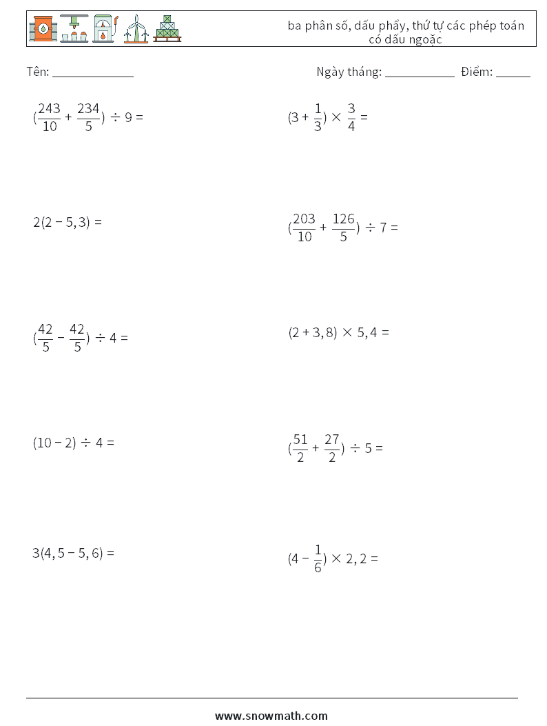 (10) ba phân số, dấu phẩy, thứ tự các phép toán có dấu ngoặc Bảng tính toán học 5