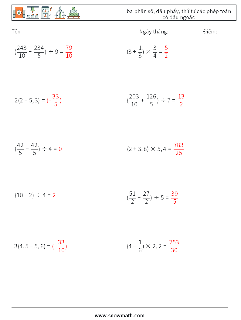 (10) ba phân số, dấu phẩy, thứ tự các phép toán có dấu ngoặc Bảng tính toán học 5 Câu hỏi, câu trả lời
