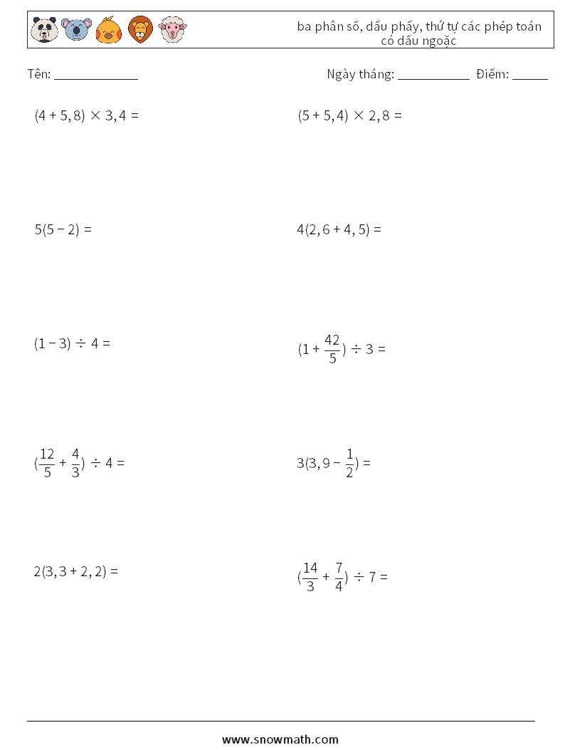 (10) ba phân số, dấu phẩy, thứ tự các phép toán có dấu ngoặc Bảng tính toán học 6