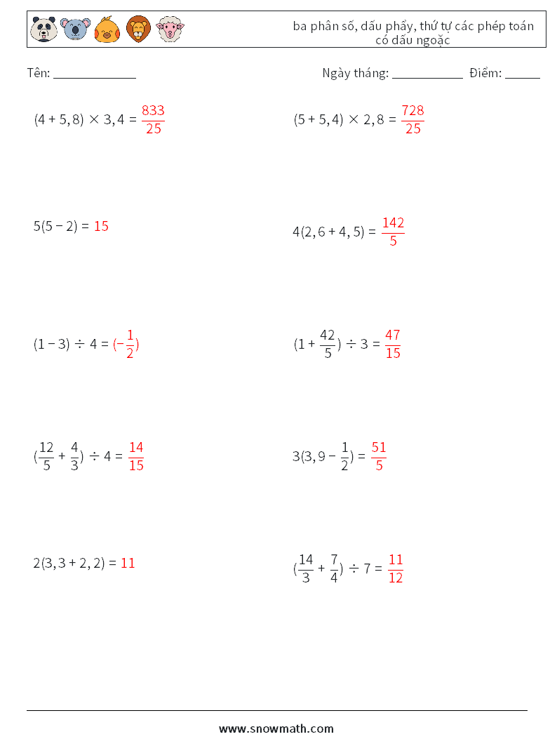 (10) ba phân số, dấu phẩy, thứ tự các phép toán có dấu ngoặc Bảng tính toán học 6 Câu hỏi, câu trả lời
