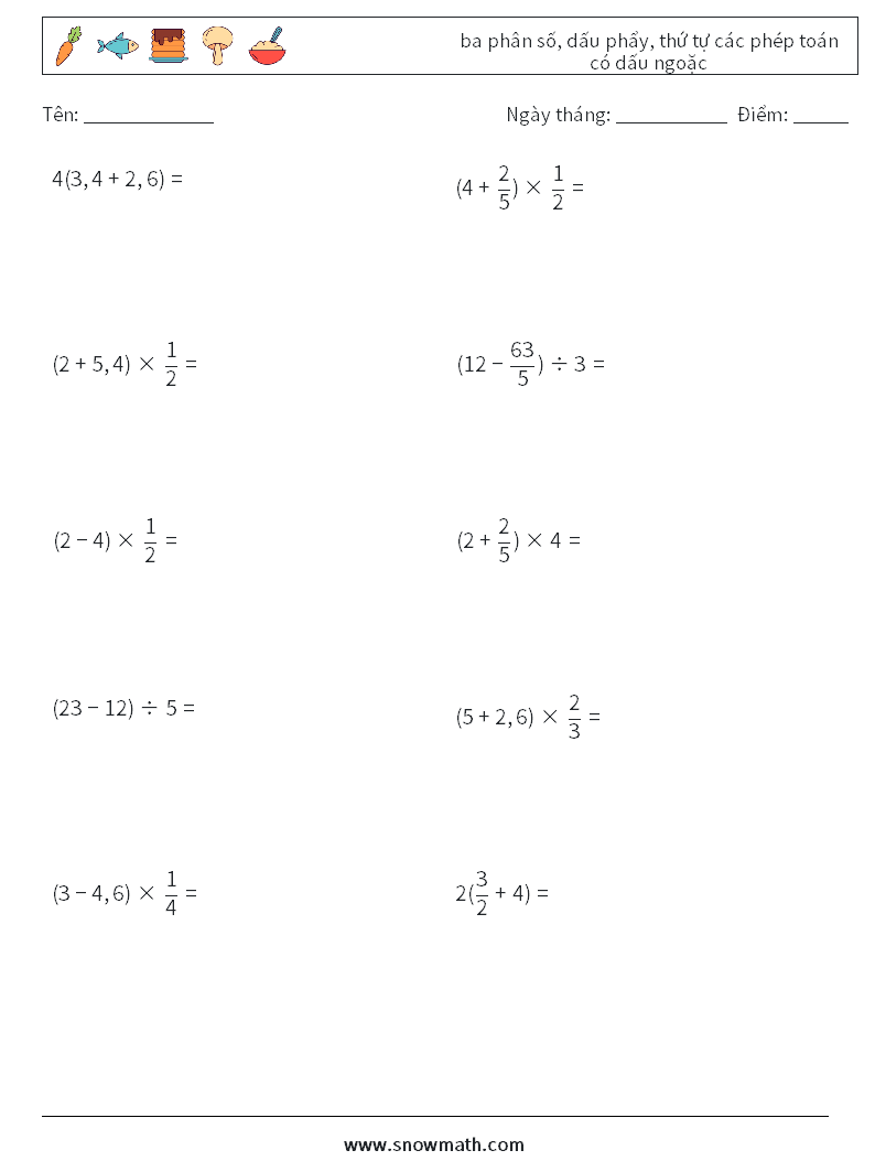 (10) ba phân số, dấu phẩy, thứ tự các phép toán có dấu ngoặc Bảng tính toán học 7