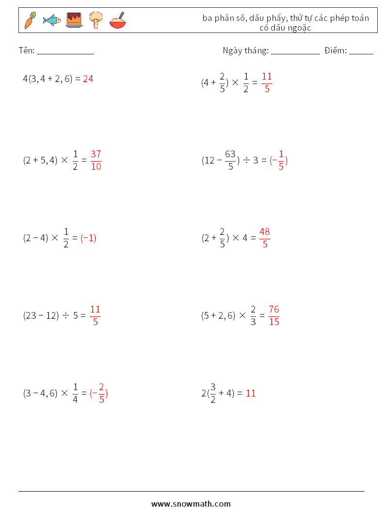 (10) ba phân số, dấu phẩy, thứ tự các phép toán có dấu ngoặc Bảng tính toán học 7 Câu hỏi, câu trả lời