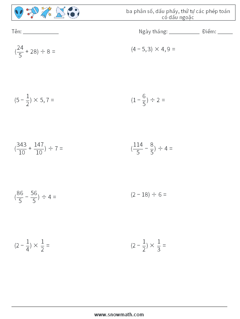 (10) ba phân số, dấu phẩy, thứ tự các phép toán có dấu ngoặc Bảng tính toán học 8