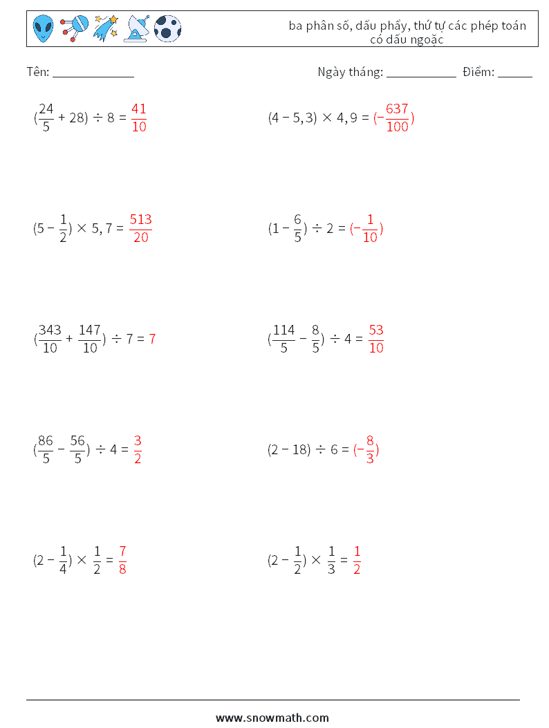 (10) ba phân số, dấu phẩy, thứ tự các phép toán có dấu ngoặc Bảng tính toán học 8 Câu hỏi, câu trả lời